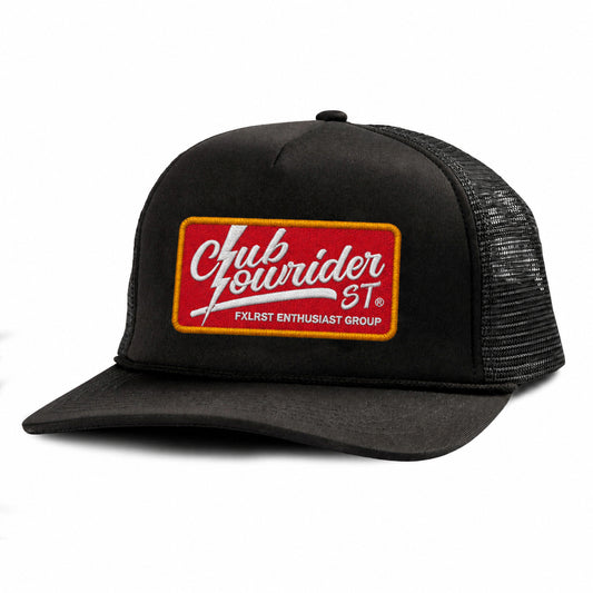 Red Logo Patch on Black Trucker Hat