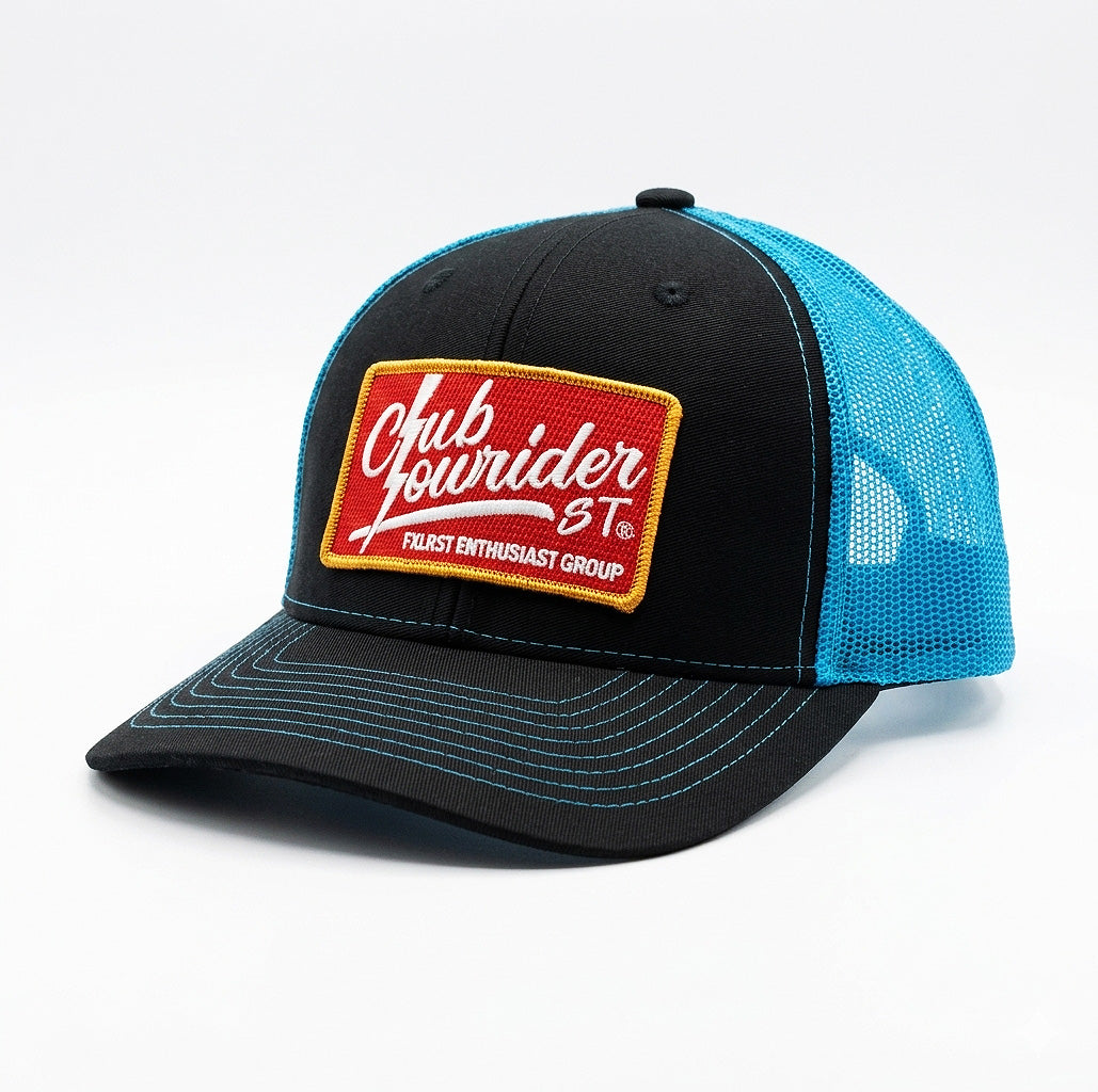 Blue Trucker Hat with Red Logo Patch